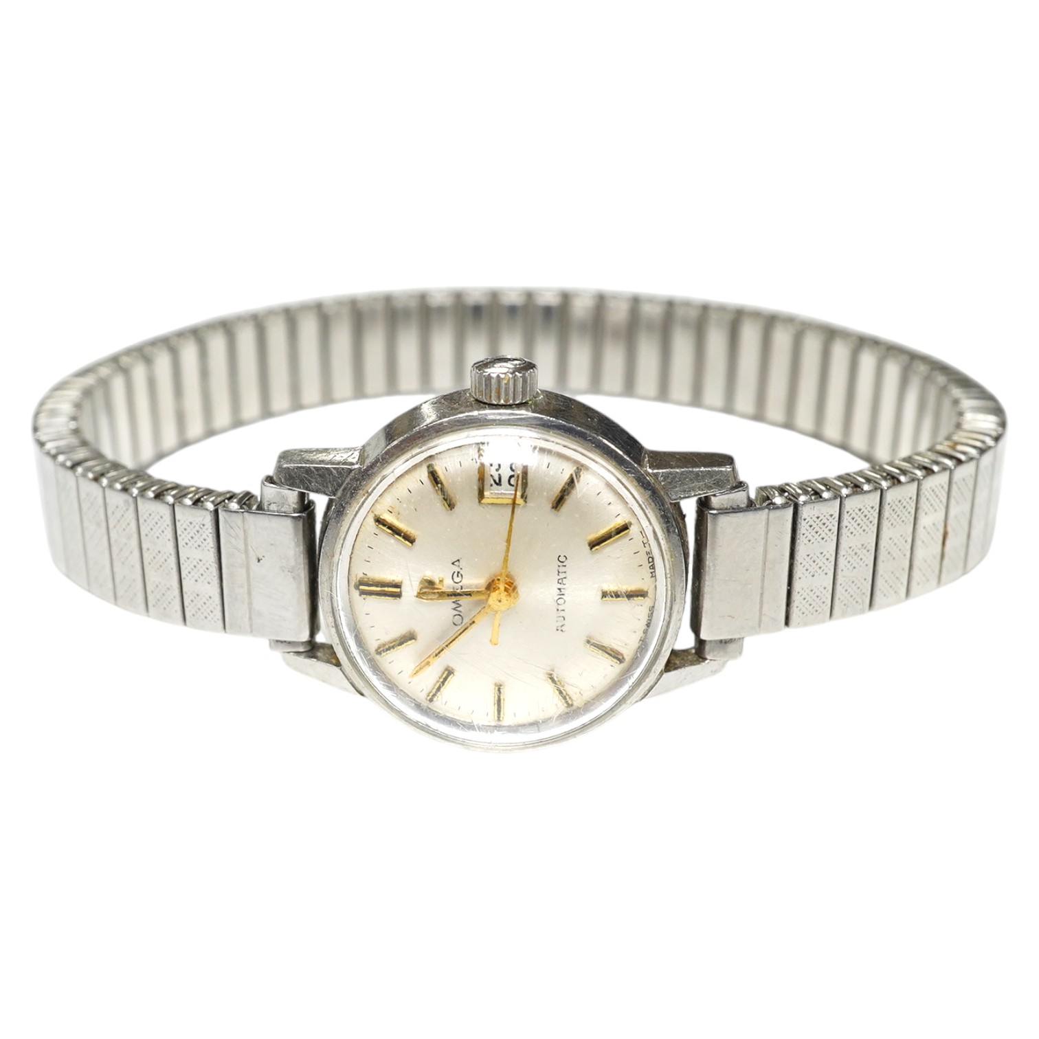 A ladies steel Omega Seamaster Automatic wrist watch, with centre seconds and date aperture. Condition - fair, movement going